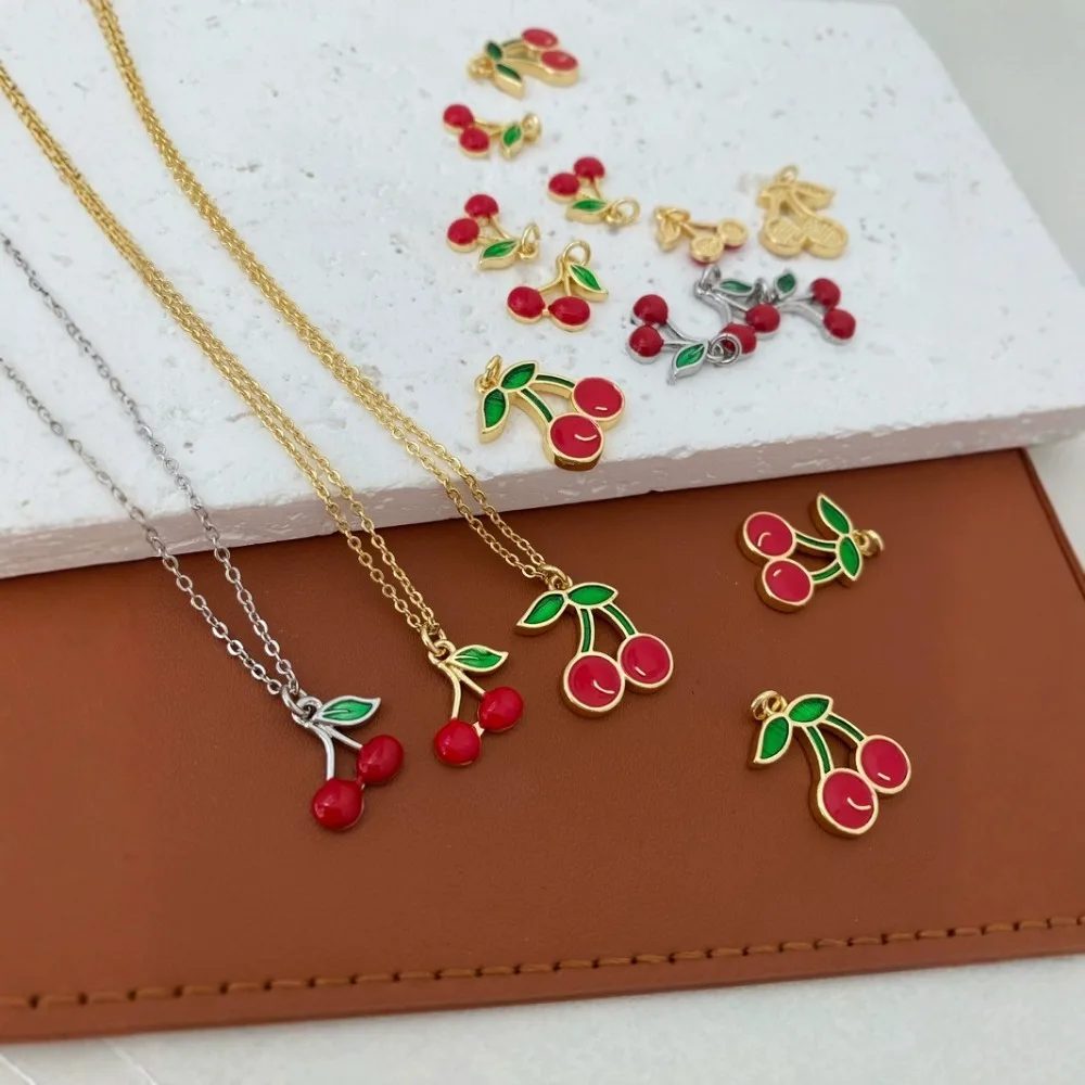 10 Pcs Top Sell Enamel Fruit Cherry Pendant for DIY Bracelet Necklace Making Accessories Copper Plated Gold Mini Charm Wholesale