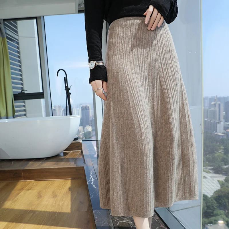 100% Pure Woolen Knitted Skirt Ladies Elastic High Waist Long Skirt All-Match Vertical Strip A-Skirts Autumn New Umbrella Skirt