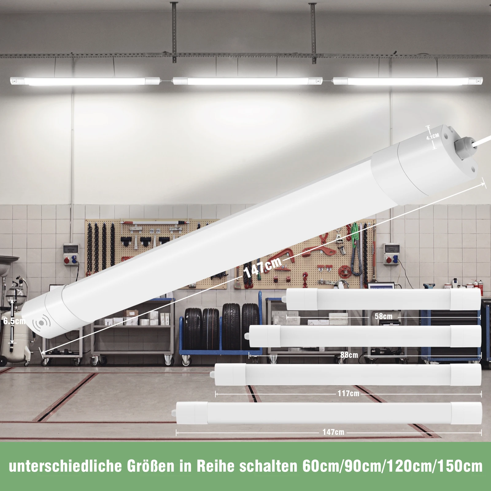 2/4 Stück 45 W LED-Nassraumleuchten mit Bewegungssensor, 4000 K, 150 cm, IP66 verknübbare Deckenröhrenlampe für Büro, Garage, Flur – Detail 2