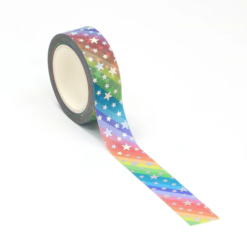 1PC. 10M Deco Silver Foil Rainbow Stars Washi Tape for Planner Scrapbooking Adhesive Stickers Masking Tape Cute Kawaii Papeleria