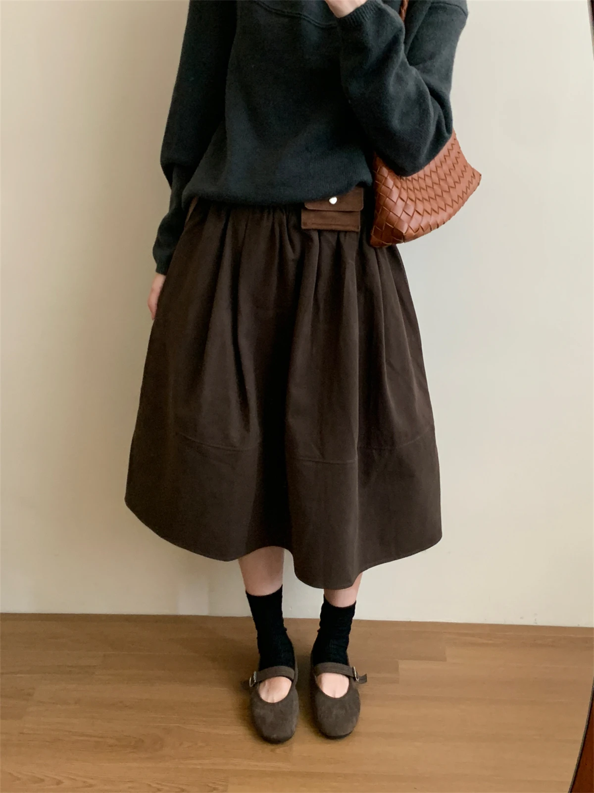 Retro Korean Brown Elastic Waist Belted A-Line Skirt Women's Fashion Spring Autumn New Style Cotton Material Straight Cut