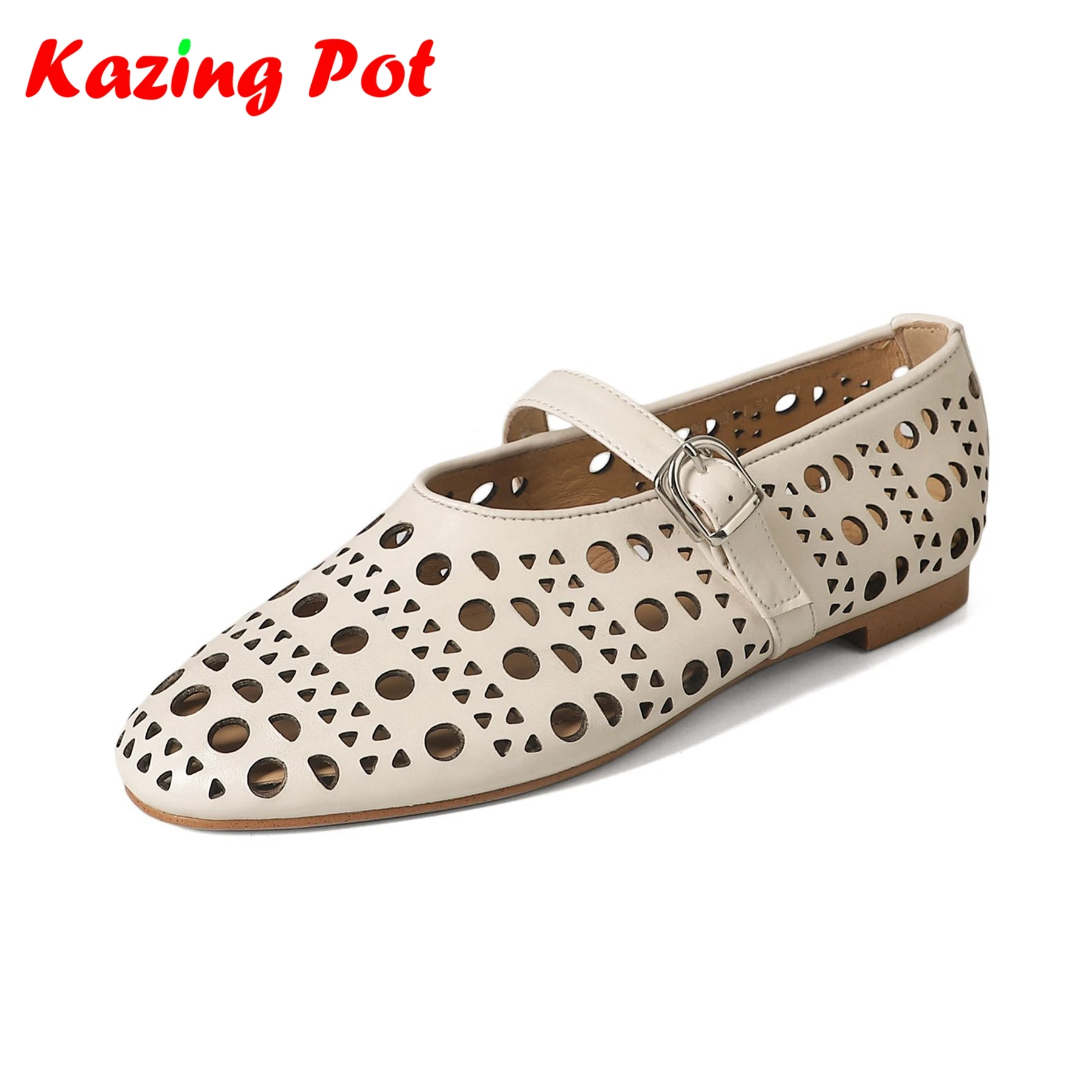 

Krazing Pot Full Grain Leather Round Toe Breathable Summer Dating Runway Mary Janes Shallow Brand Hollow Decorations Women Flats