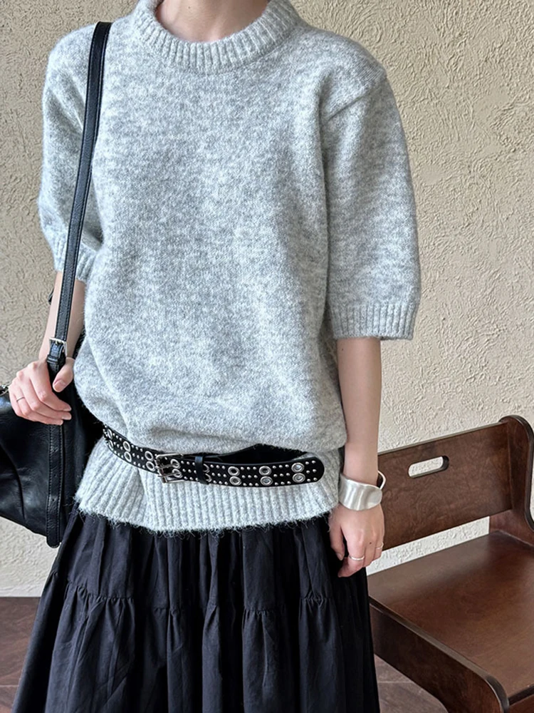 LANMREM-Pull Décontracté à Manches sulfet Col Rond pour Femme, Couleur Unie, à la Mode, Nouvelle Collection Automne 2024, 26C554