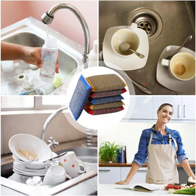 6PCS/Lot Stainless Steel Wire Sponge Scouring Cloth Kitchen Decontamination Clean Bowl/dish/pot Brush Household Cleaning Tool