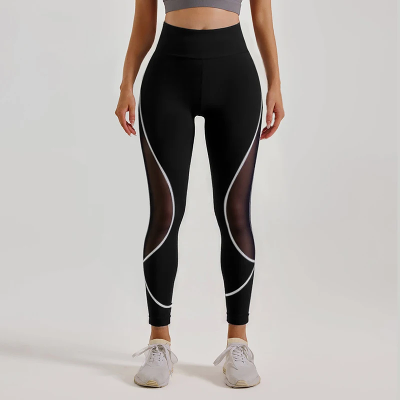 leggings per il sollevamento dell'anca da yoga da palestra in rete color block da donna, pantaloni sportivi a vita alta con leggings da esercizio con elastico in vita