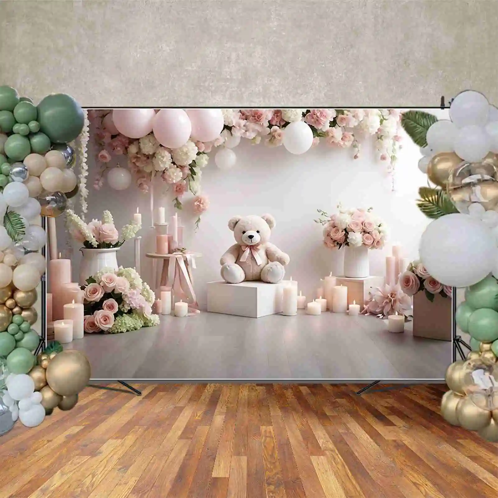 Moon. qg Indoor weiß rosa ersten Geburtstag Hintergrund Jungen Blume Teddybär Ballon Hintergründe Party Dekoration Fotografie Requisiten