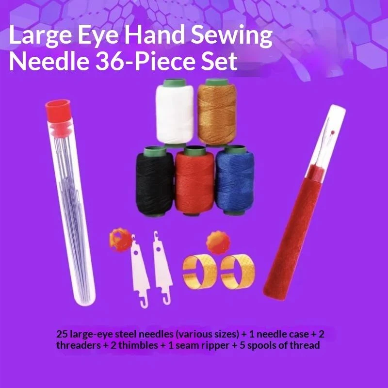 Big Eye Sewing Needles Set Rustproof Steel Hand Needle Kit with Scissor Thimble Threader for Hobbyist Craft Sewing Use