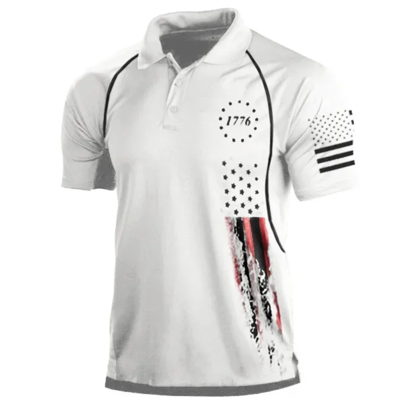 Men's American Print Short Sleeve Summer Casual Loose Polo Shirts Men 1776 Independence Day Digital Print Lapel T-shirt