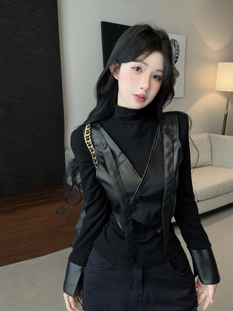 Elegant High Collar Splice Long Sleeve Slim Fit Base Shirt Korean Style Commute Top for Young Women Moisture Wicking
