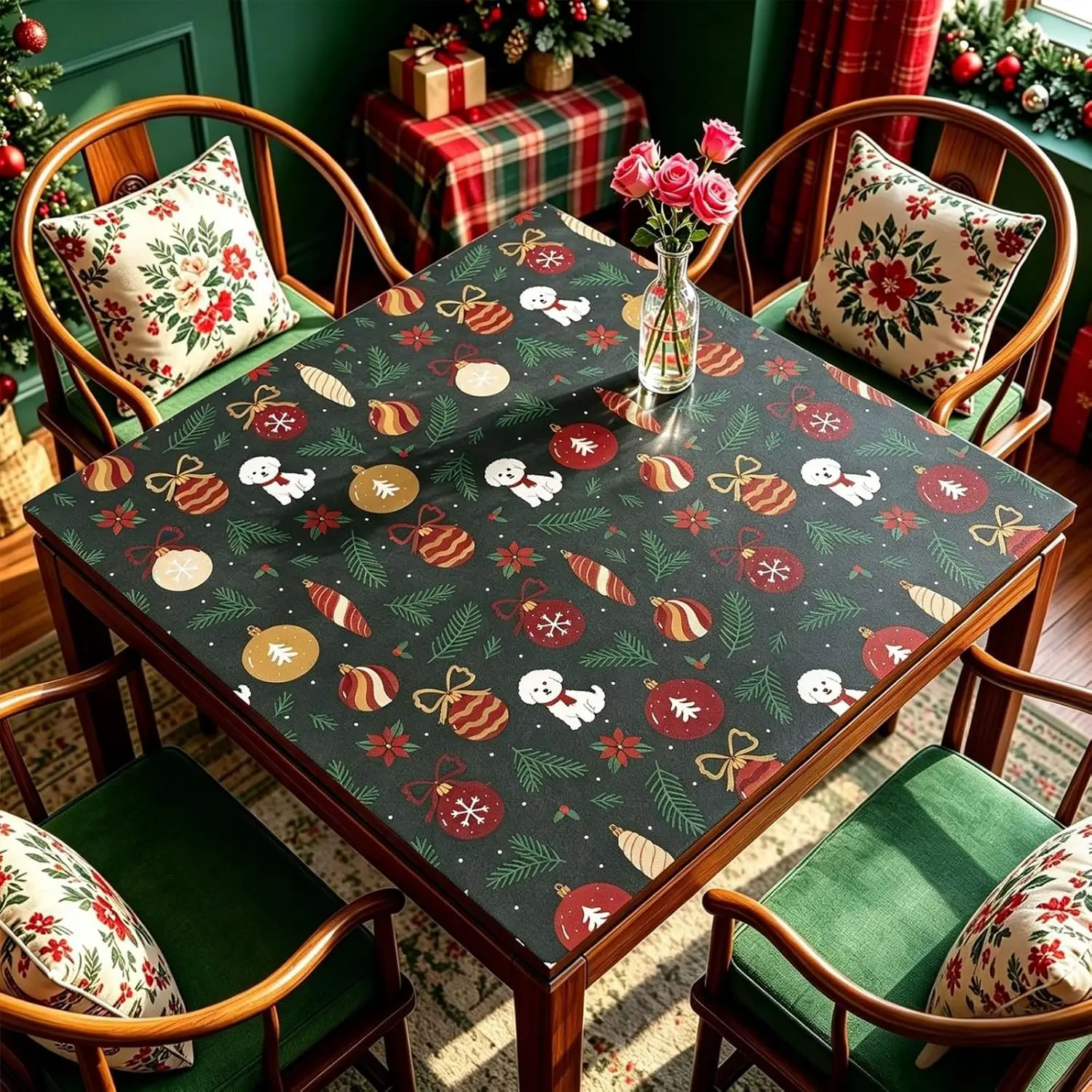 31.5x31.5 Pine Needles Christmas Mahjong Mat Non‑slip Noise Reduction Rubber Gaming Pad Portable with Carrying Bag for Card Tile