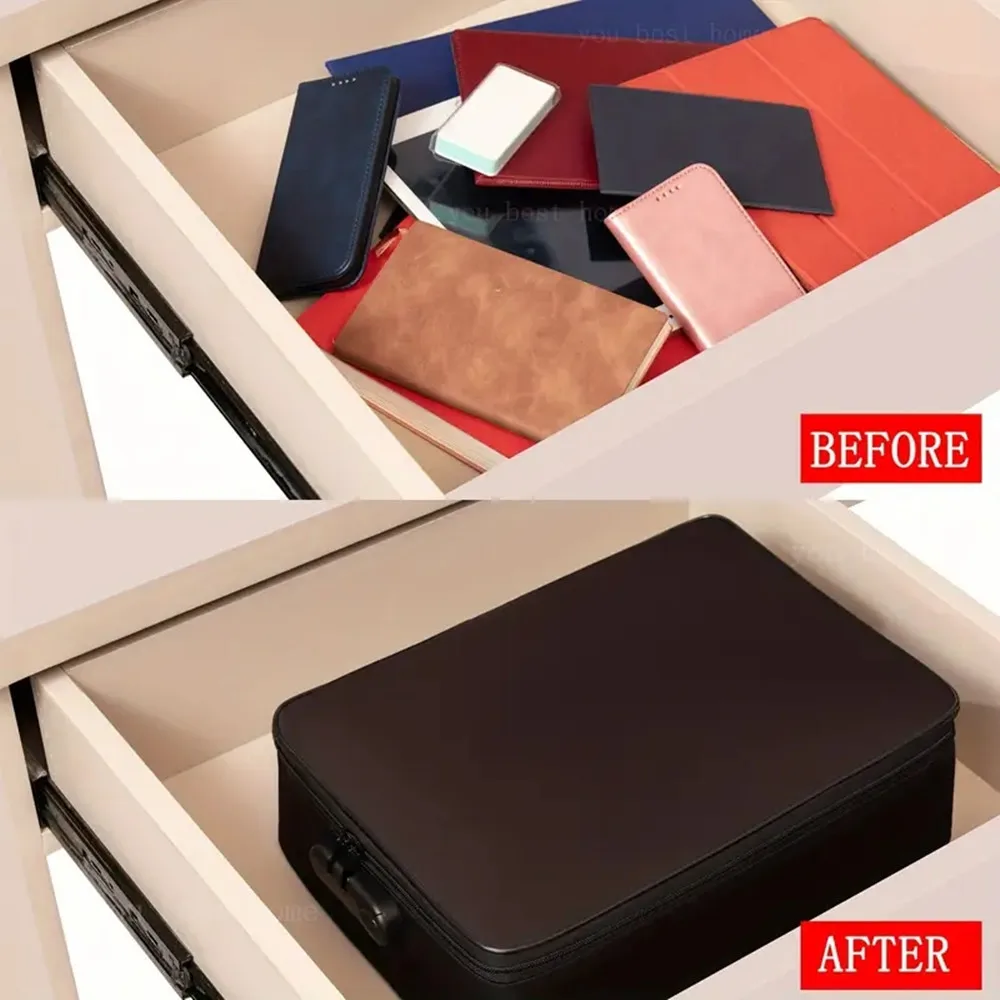 방수 지퍼가 달린 검정색 잠금식 파일 가방, 3층 파일 보관 상자, 안전하고 휴대 가능한 여행 및 가정용 정리 가방