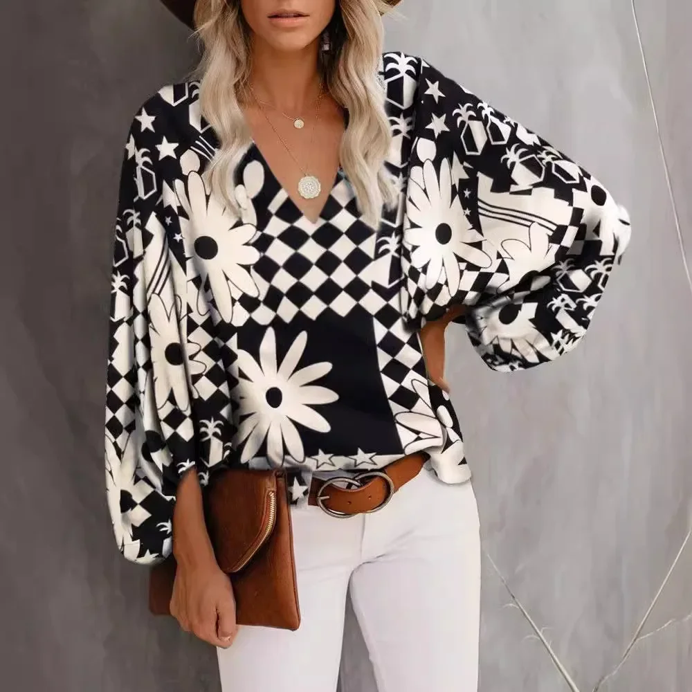 

Летняя блузка 2025 с V-образным вырезом и принтом, с рукавами-фонариками