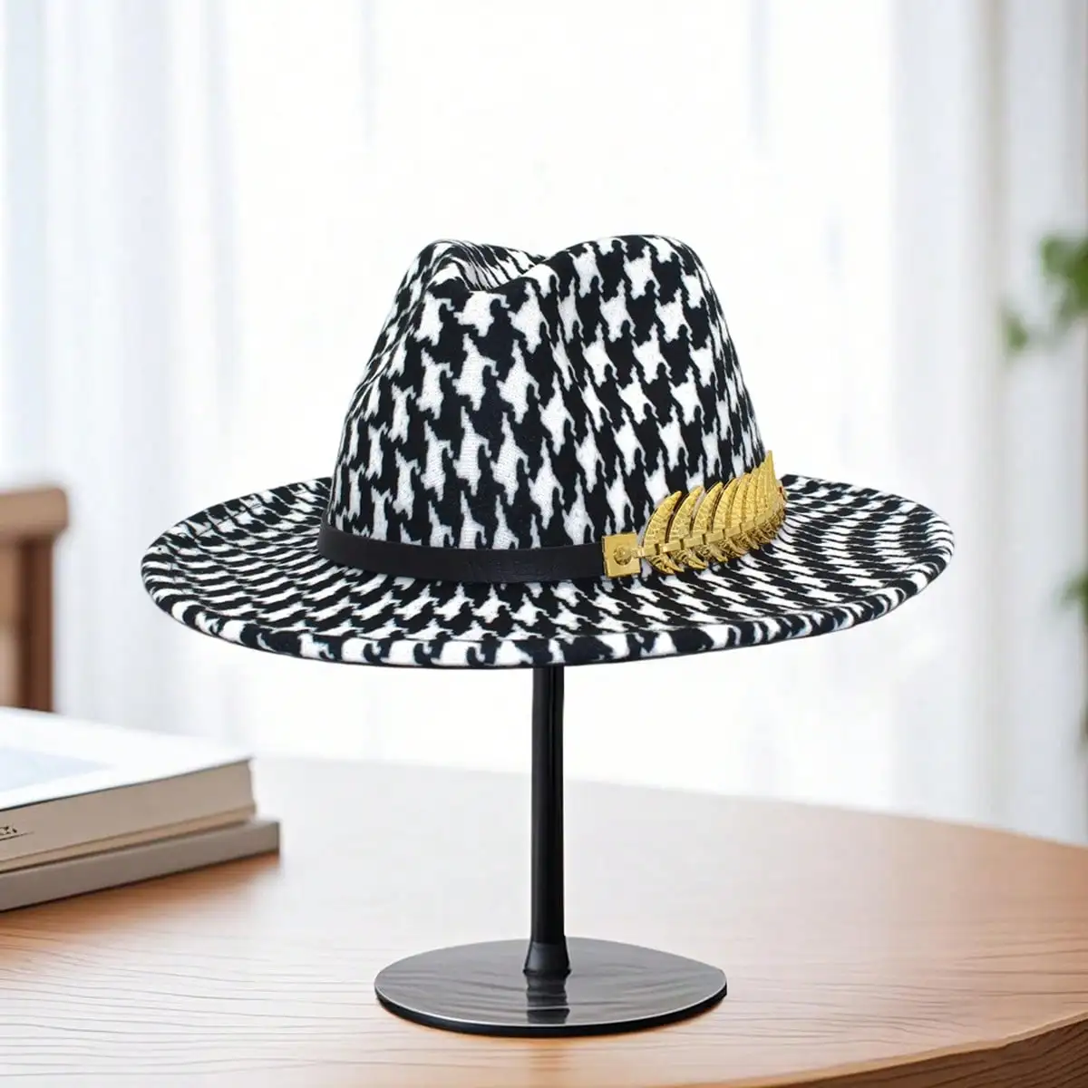 قبعة راعية البقر ذات وجهين للنساء والرجال بنمط houndstooth وحزام ذو حافة واسعة وقبعة غربية #1