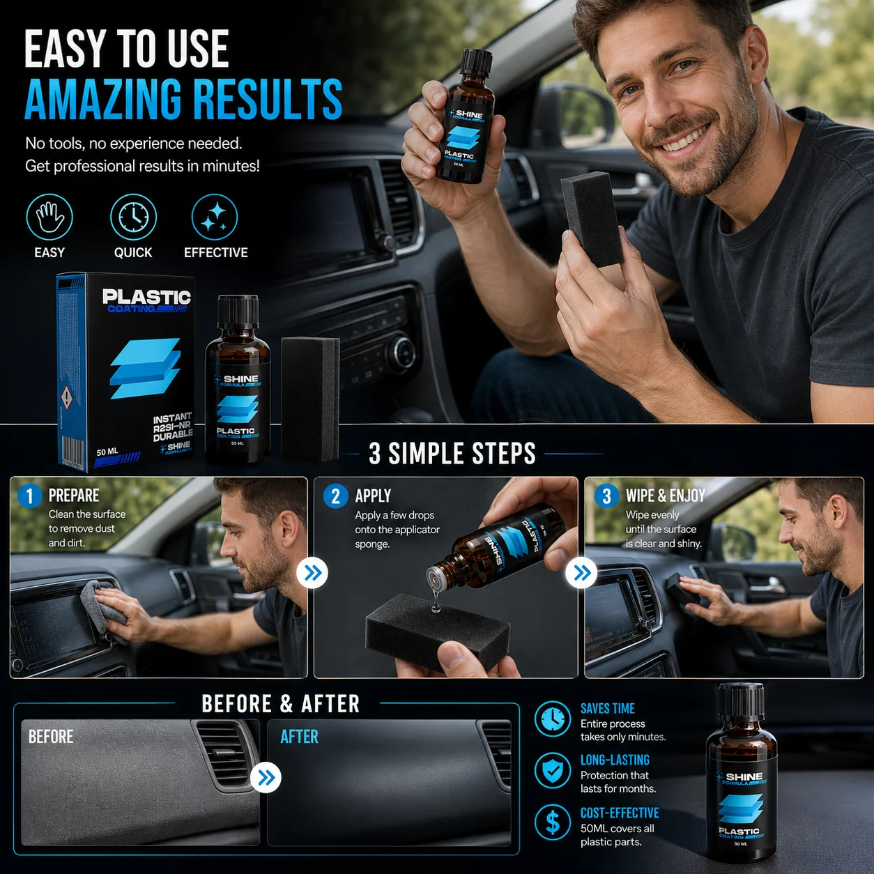 50ML SHINE FORMULA Plastic Trim Restorer, Anti‑Aging Anti‑Fade Water Repellent for Car Dashboard Bumper Door Panel