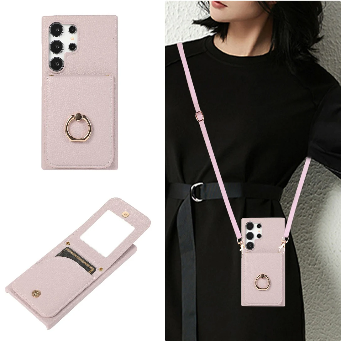 

Luxury Crossbody Leather Card Wallet Case For Samsung Galaxy S25 S24 FE S23 Plus S22 S26 Ultra Mirror Makeup Cover Ring Stand