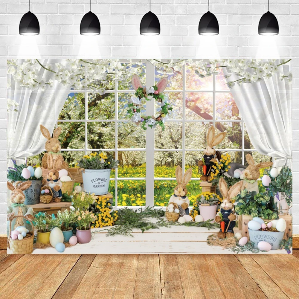 Spring Easter Photography Backdrop Green Grass Rabbit Eggs Bunny Truck Flower Easter Kids Baby Birthday Background Photo Studio