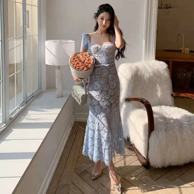 

Long Lace Evening Dresses Women Summer Blue Eyelash Fishtail Belt Embroidery Wedding Party Vestidos Elegant Midi Dress