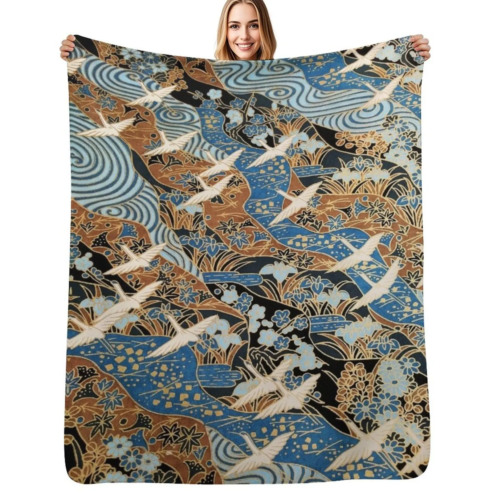 

FLYING WHITE CRANES ON BLUE WATER AND SPRING FLOWERSAntique Japanese Floral Throw Blanket Loose christmas gifts Blankets
