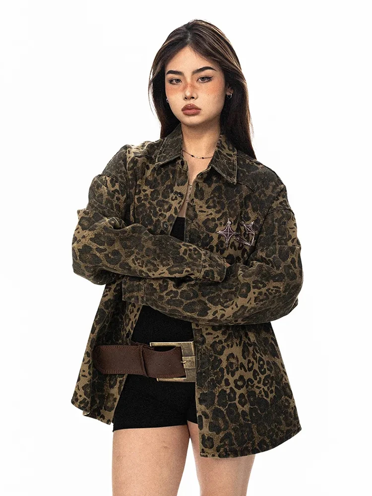 Zoki-ropa de calle, chaquetas vaqueras de leopardo para mujer, abrigos vaqueros holgados Vintage Y2K, Harajuku americano, camisa Retro de manga larga Bf, prendas de vestir