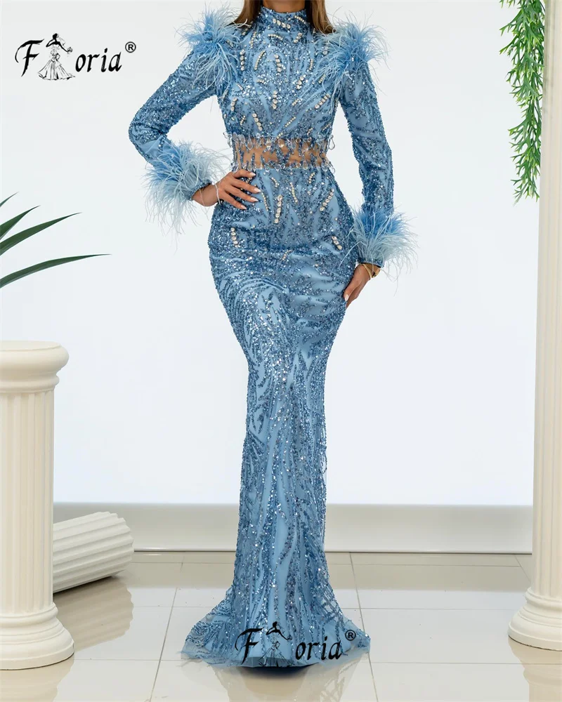 Glänzende Diamanten Perlen blau Abendkleid Dubai Frau Feder Langarm Meerjungfrau elegante Hochzeits feier Kleid formelle Bankett Kleid