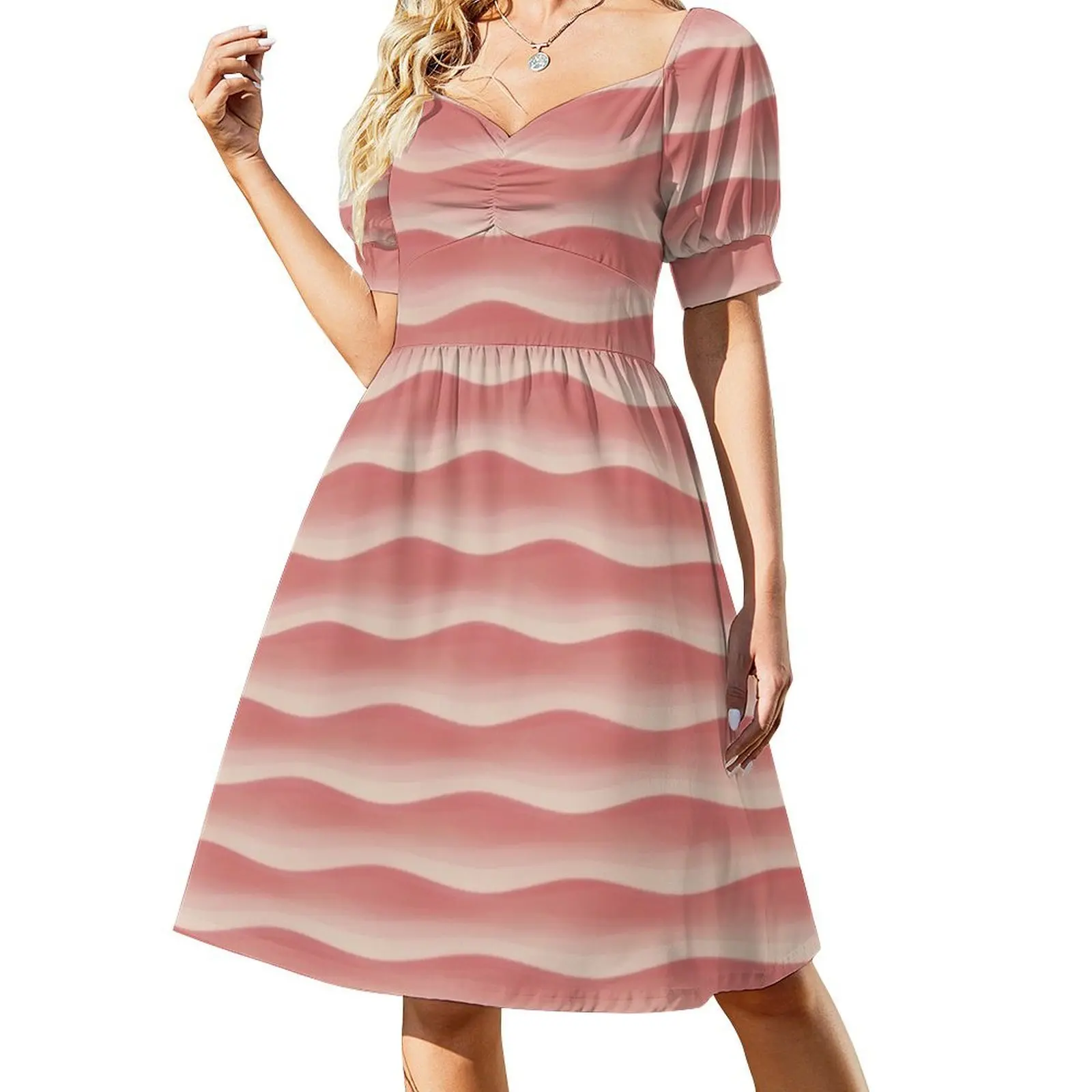 Wave Rows Misty Salmon Short Sleeved Dress chic and elegant evening dress summer women's dress 2025