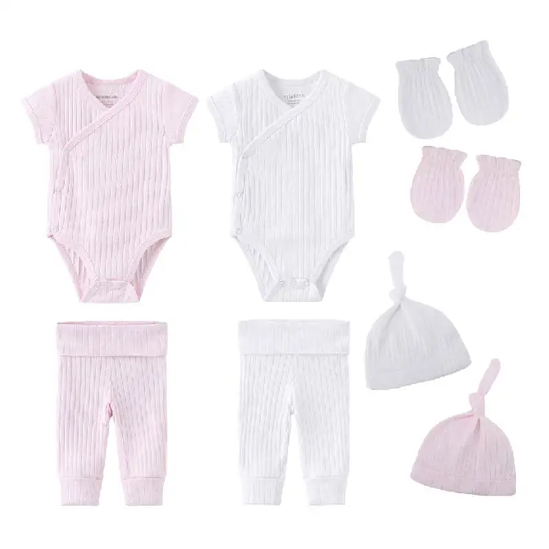 Kiddiezoom 8 PCS/Set Four Seasons Solid Newborn Boy Girl Clothing Sets Infant Bodysuits+Pants+Accessories Baby Shower Gift