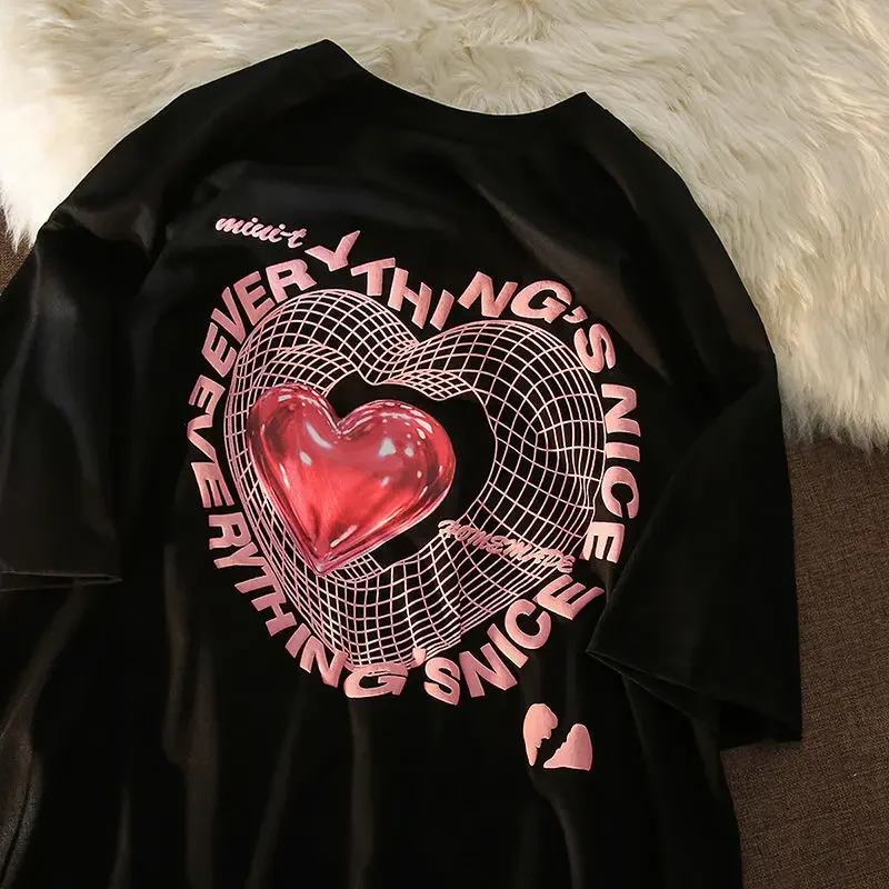 Camiseta com estampa de amor extragrande feminina, streetwear feminino, camisetas gráficas, manga curta, tops Harajuku casuais, fofos, Y2K