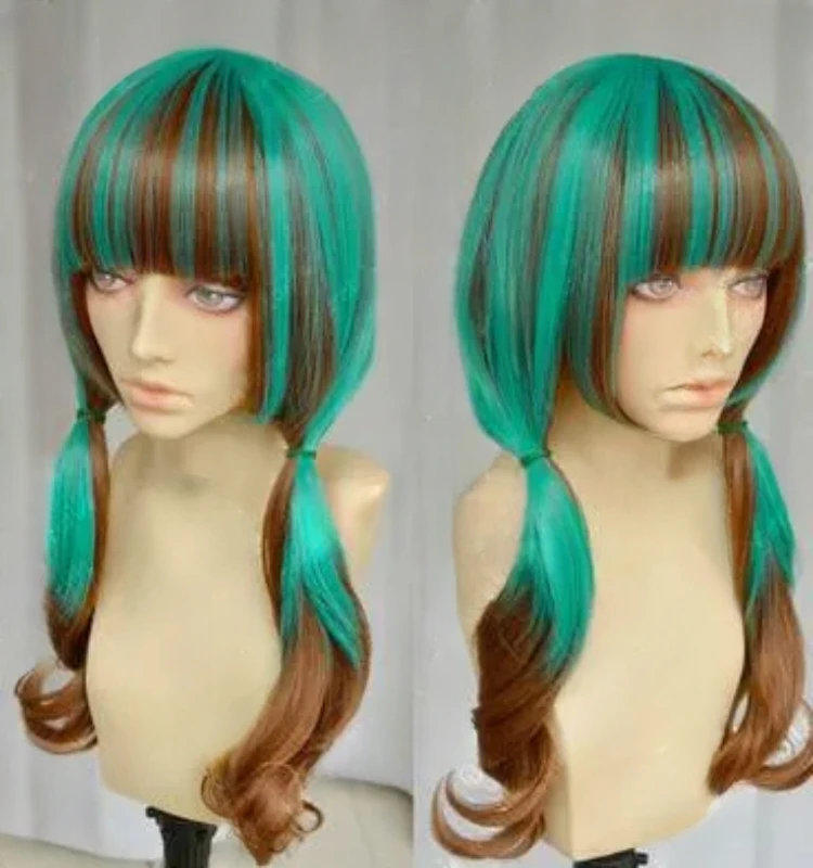 Fashion long Brown Mixed Green gradual change Curly Cosplay Hair Wigs