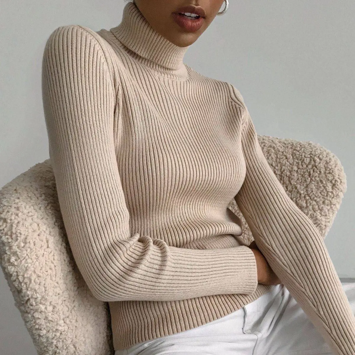 

2025 Autumn Winter Women's Sweater Thickened Ribbed Pullover Turtle Neck / Mock Neck Slim Fit Top