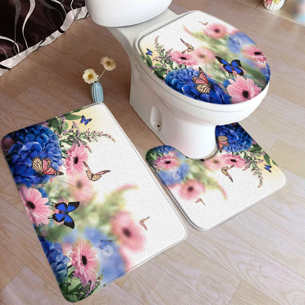 

3pcs Set Bath Mat Flower Plant Leaf Garden Butterfly Floral Bathroom Rugs Bathroom Decor Anti slip Floor Carpet Toilet Cove Mats