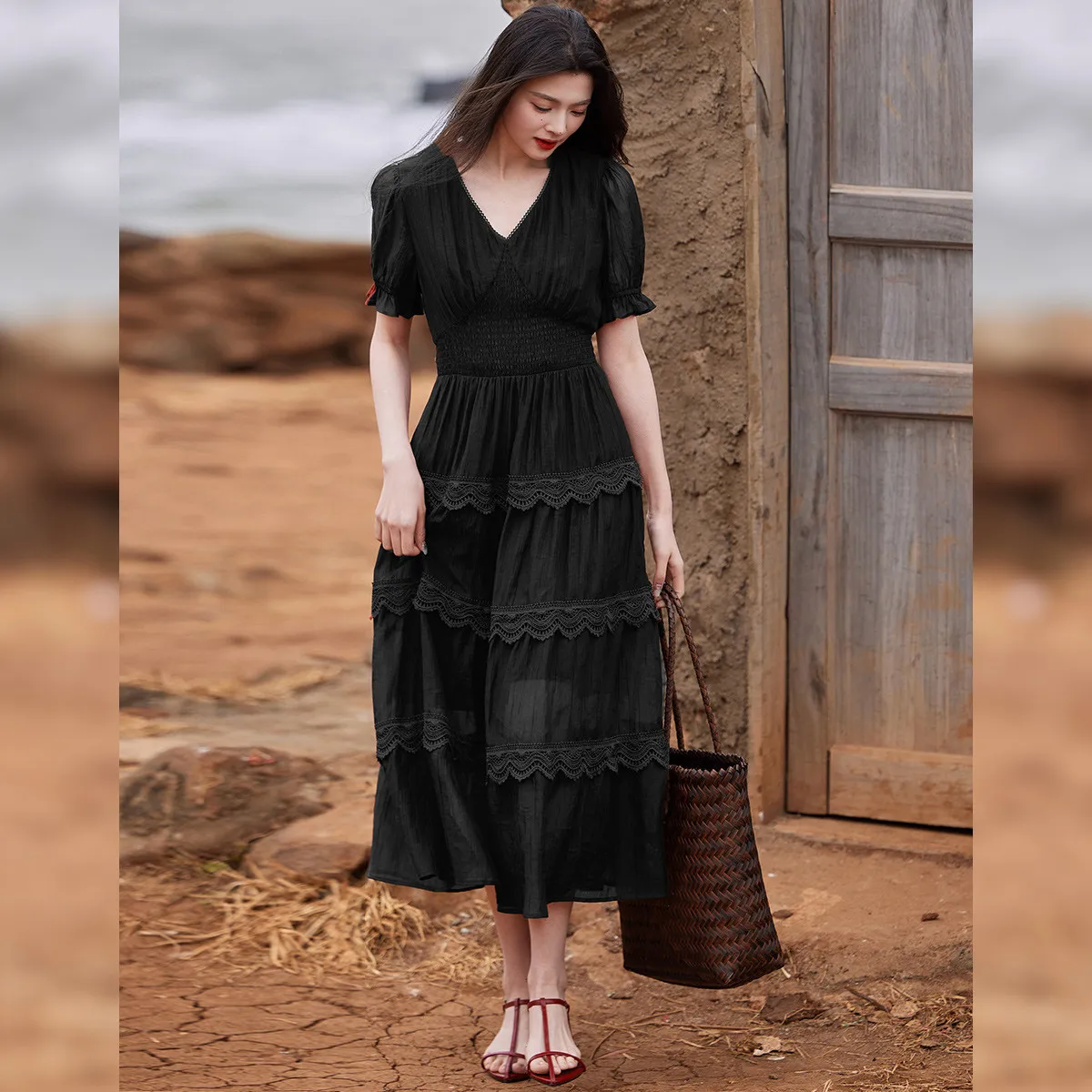 Louis yao 2025 vestido de retalhos de renda com camada de bolo com temperamento elegante decote em v elástico fino ajuste saia longa para mulheres