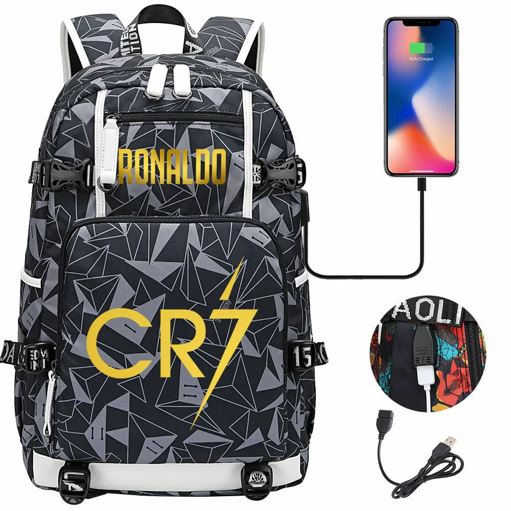 Estrela do futebol Ronaldo impresso mochila USB para homens e mulheres, mochila de viagem lazer, bolsa para computador ao ar livre, estudante jovem