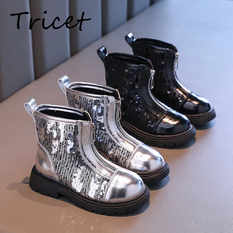 

Bling Kids Chelsea Boots Solid Silver PU Leather Girls Fashion Boots Sequins Zip Non Slip Children Ankle Shoes