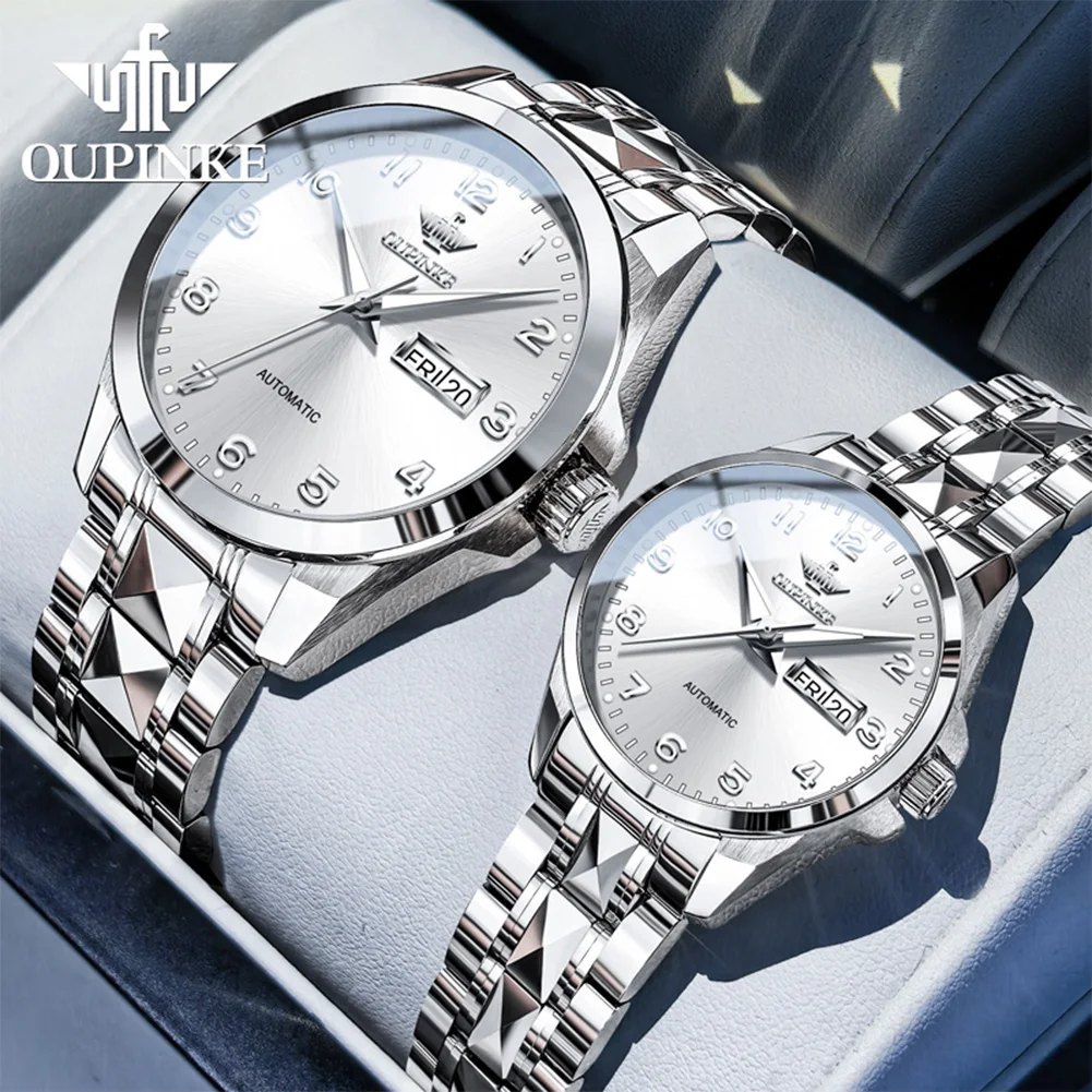 OUPINKE Couple Watches Casual Fashion Original Automatic Mechanical Wristwatch Leather Gift Box Waterproof Luminous Sapphire
