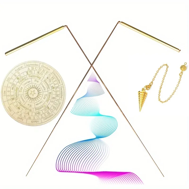 4PCS Copper Dowsing Rods Kit - 99.9% Pure Copper Divining Rods with Pendulum Board Set Exploration Divination Tools