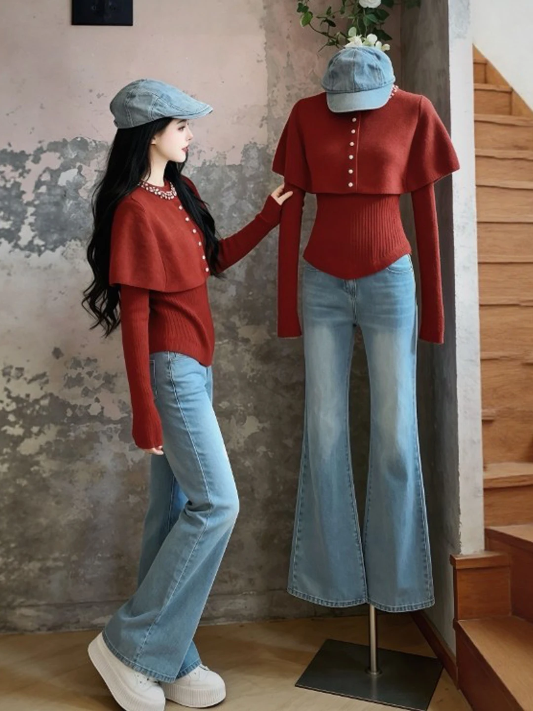 

Retro Gentle Sle Beautiful Cloak Sweater Design Slimming Waist Faionable Spring Top for Women Ci Walk Country Tour Busi...