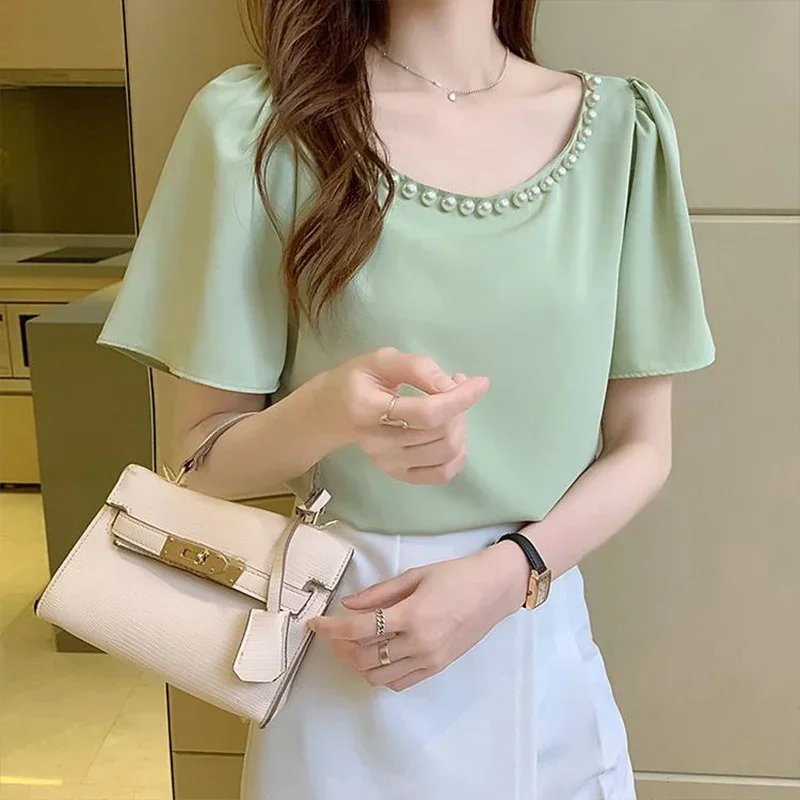 

Solid Color Short Sleeved Bead Inlaid Round Neck Chiffon Shirt Summer Loose Temperament Elegant Tops Fashion Clothes for Women