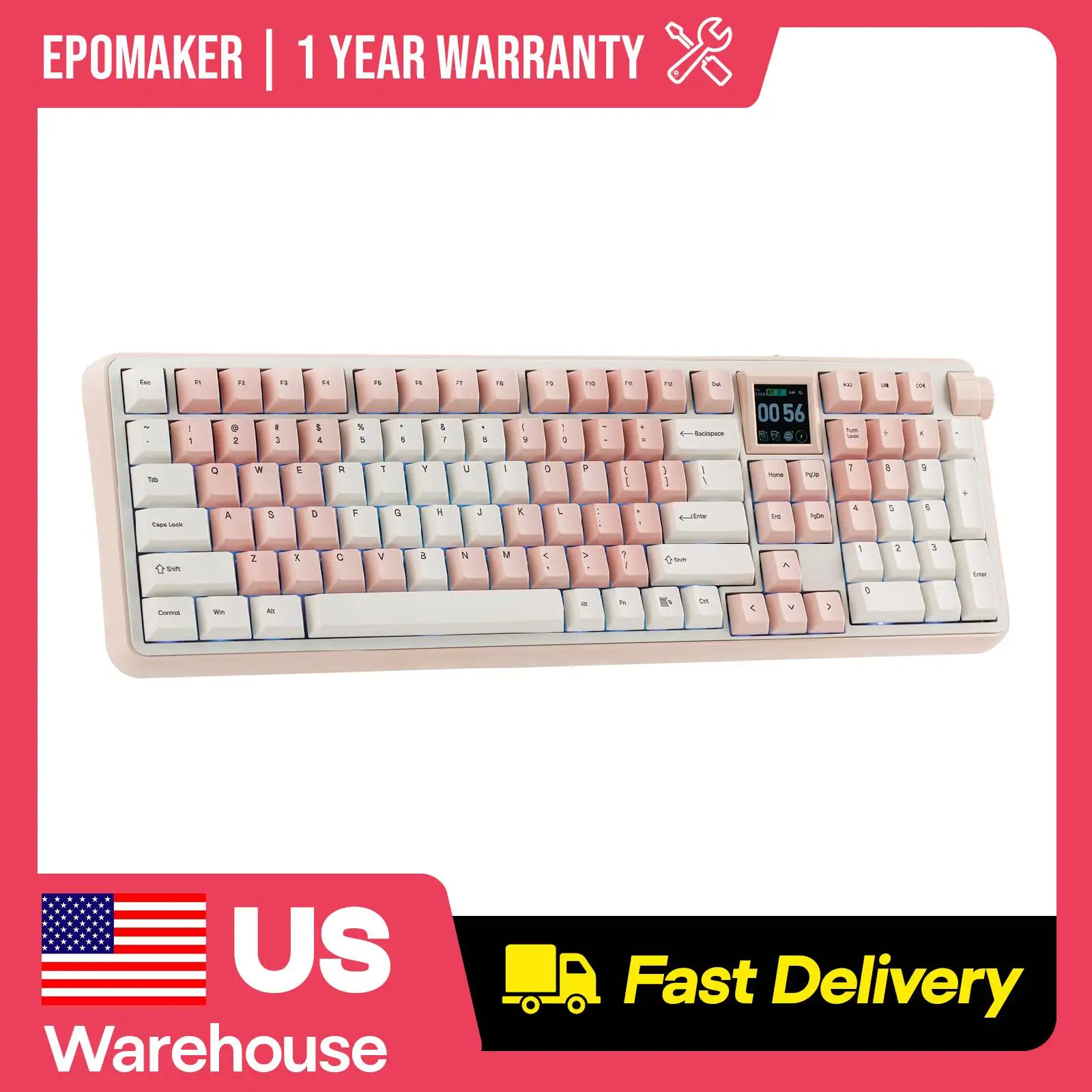 EPOMAKER RT100 PRO 100% Full Sized ANSI US Layout Tri-mode Wireless Retro Mechanical Gaming Keyboard with 5000mAh Battery