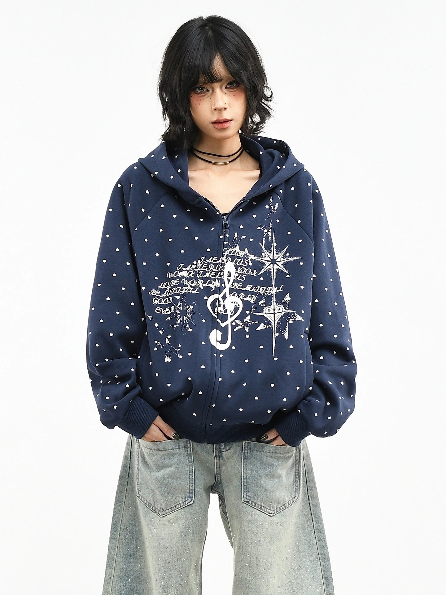 

OV Original American Retro Heart Polka Dot fiti Hoodie Loose ex Spring Outerwear Cotton Long Sve Zipper Closure