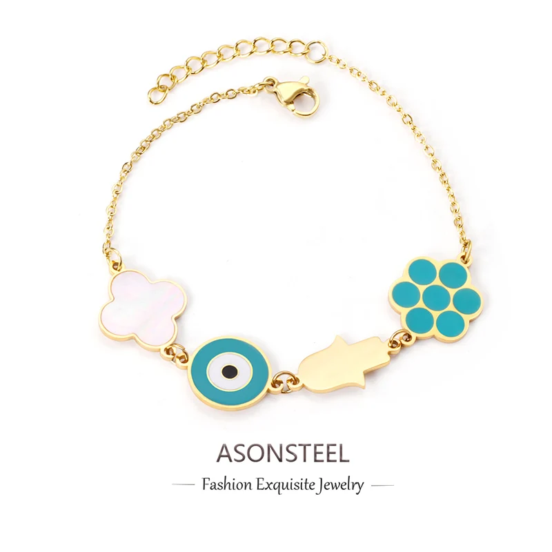 ASONSTEEL Blue Evil Eyes Flower Shape Accessoriess Chain Bracelets Bangle Gold Color Stainless Steel For Women Fashion Jewelry