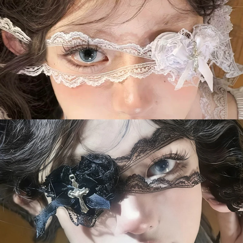 Vintage Punk Heart Bow Cross Eye Mask for Women Lolita Eye Patch Gothic Cosplay Decoration Lace Eyewear Leg Chain Accessories