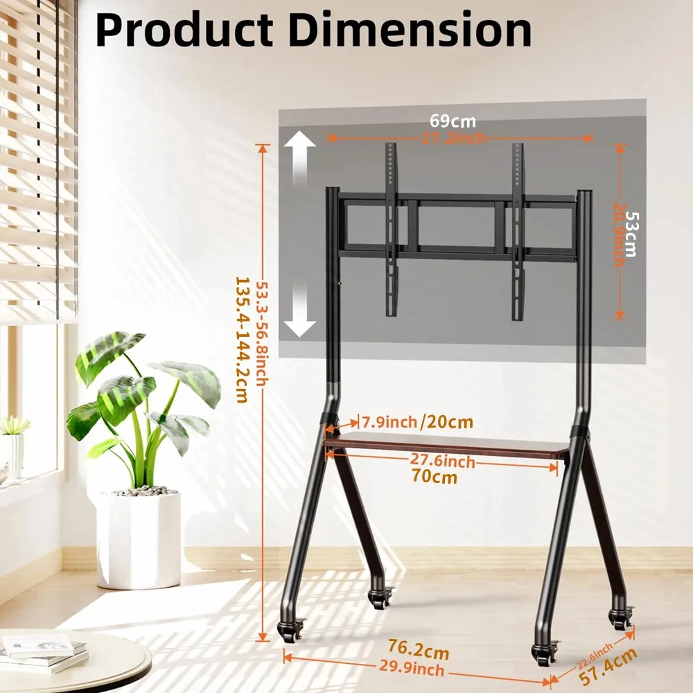 Mobile TV Cart Rolling TV Stand with Wheels,Shelf Height Adjustable Portable Floor TV Stand for 32-65 in Max VESA 600x500mm 50kg