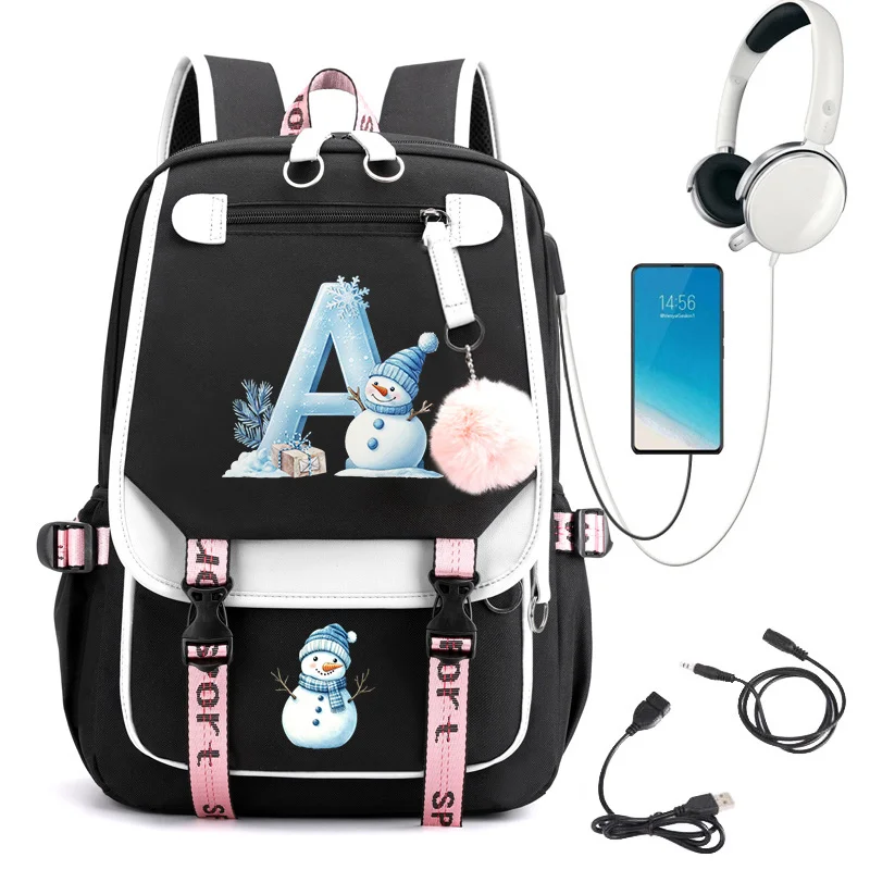 Christmas Snowman 26 Letter A-Z Backpack for Teen Girls Boys Schoolbag Fashion Xmas Holiday Casual Travel Laptop School Bag