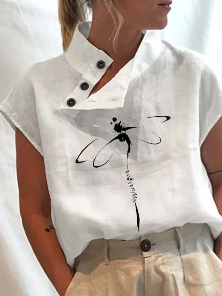 Fashion Summer Blouse Women Elegant Floral Print Short Sleeve White Blouses Casual Chic Buttons Slit Stand Neck Top Blusas