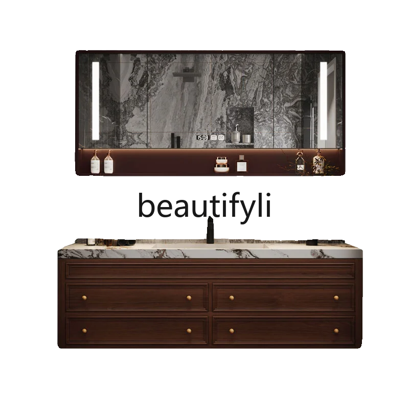 

American light luxury oak solid wood washstand modern rock slab smart mirror bathroom cabinet French hand washbasin