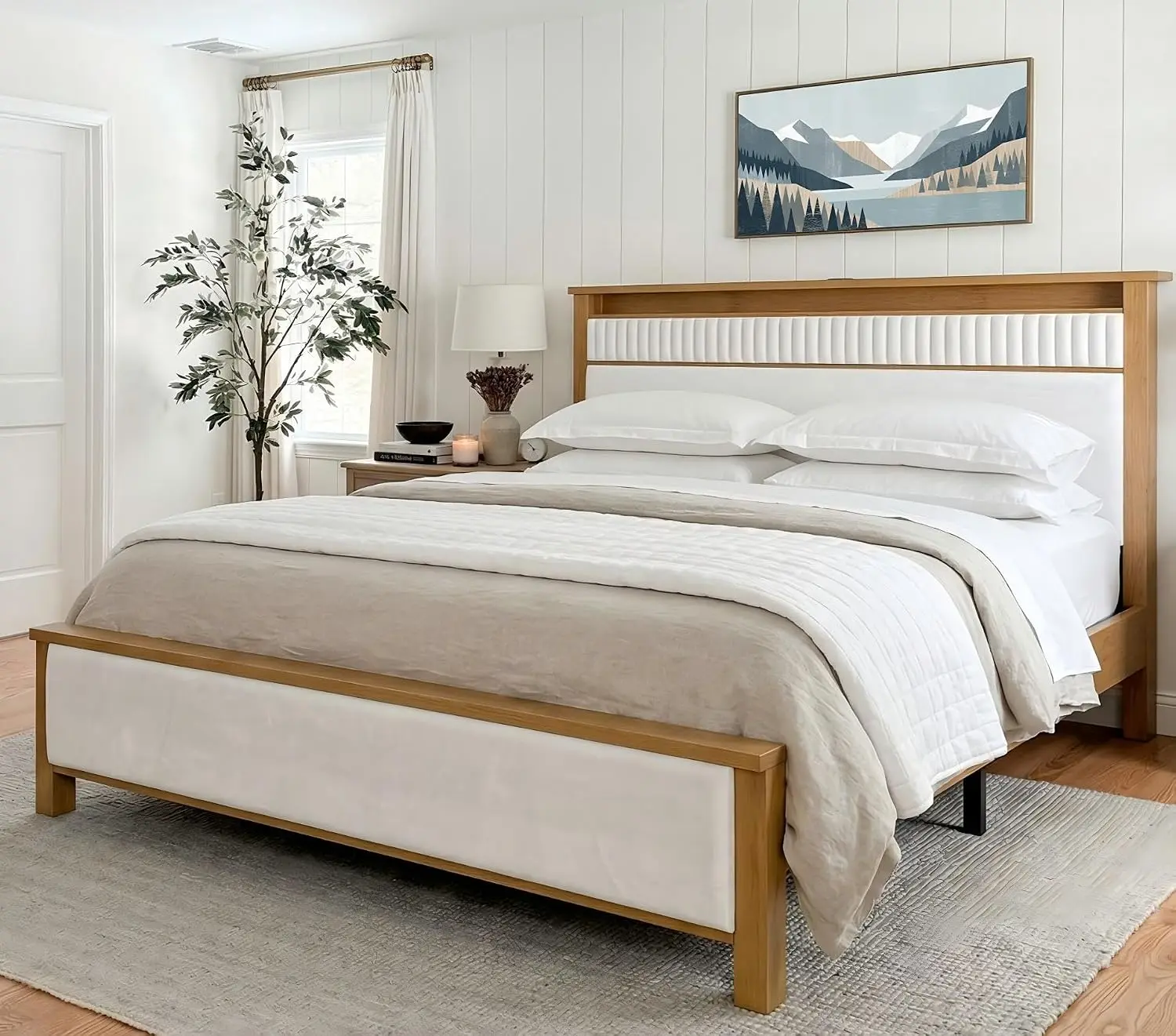 Queen Bed Frame with Storage Headboard & LED Light, Upholstered Platform with USB Charging, Noise-Free Slats, Teak, Customized