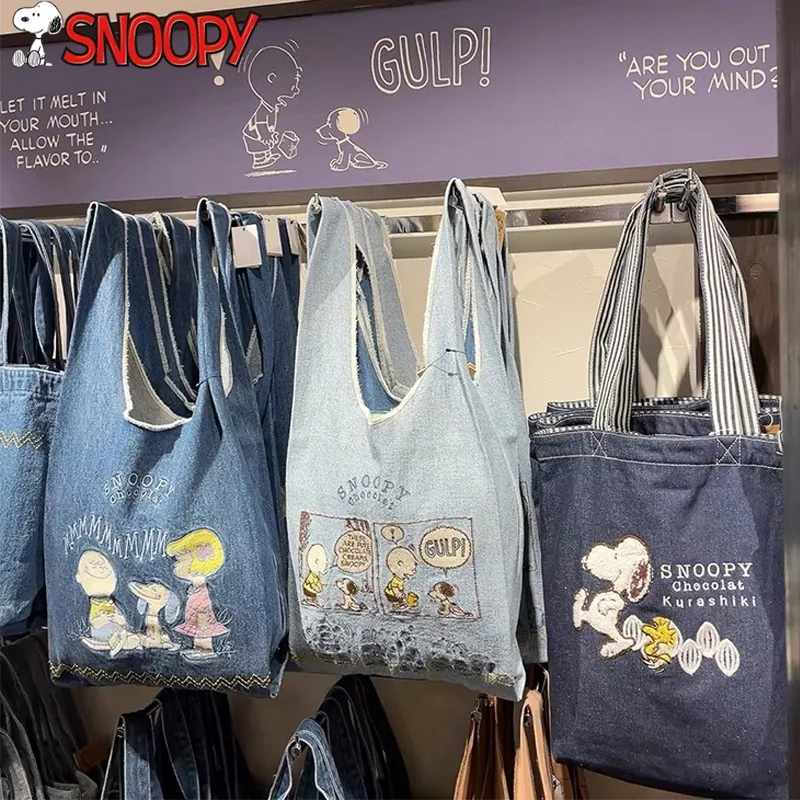 

Snoopy Embroidered Handbags for Women Cartoon Shoulder Bags Large Capacity Travel Storage Bag Girls Denim Shopping Bag Gifts