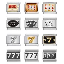 Semkeiyee Number 777 Slot Machine Dice Italian Links Charm Bracelet Women Men Stainless Steel Bangle Making DIY Jewelry Gift
