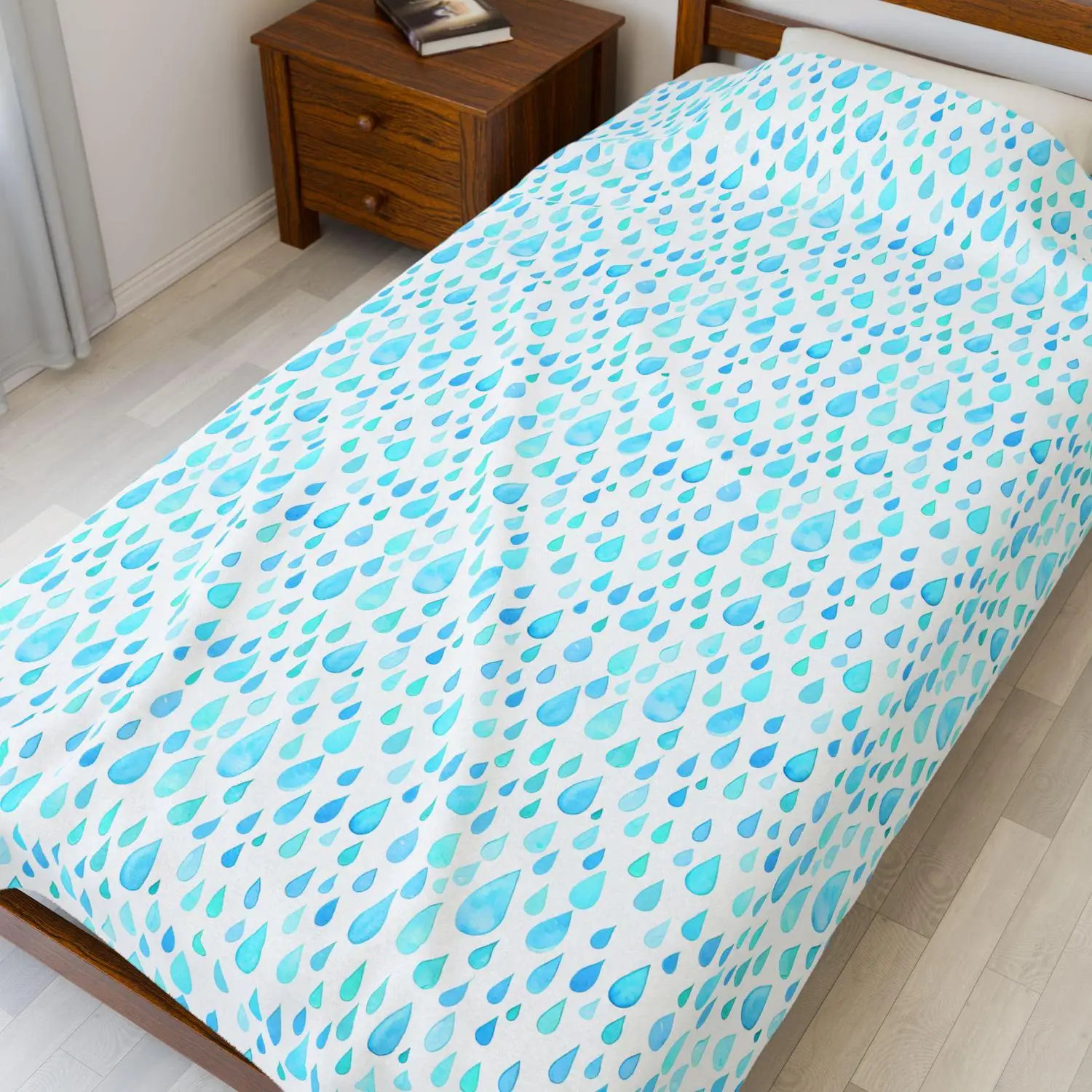 [Flannel Blanket]Light Blue Raindrop Pattern Plush Blanket, Watercolor Teardrop Pattern, Super Soft Blanket, Fresh Home Decor, Newborn Gift