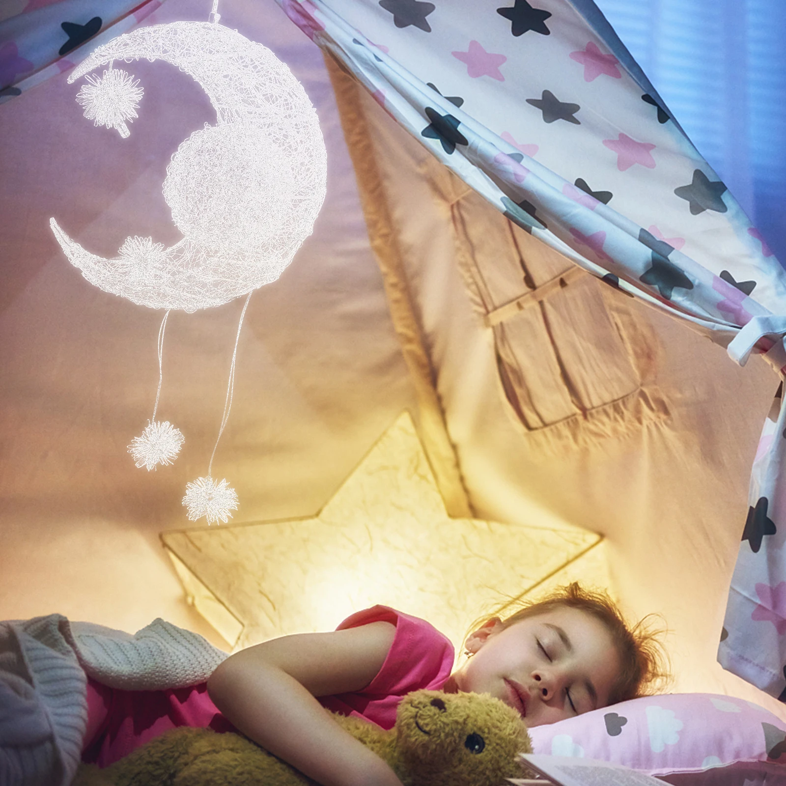 

Creative Hanging Lamp Durable Wrought Iron Bedroom Moon Star Ceiling Light Adjustable Easy Install Indoor Lighting
